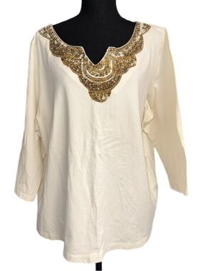 Ruby Rd. - Embellished V‑Neck Cotton Blend Top - Beaded Boho Tunic - Size 2X
